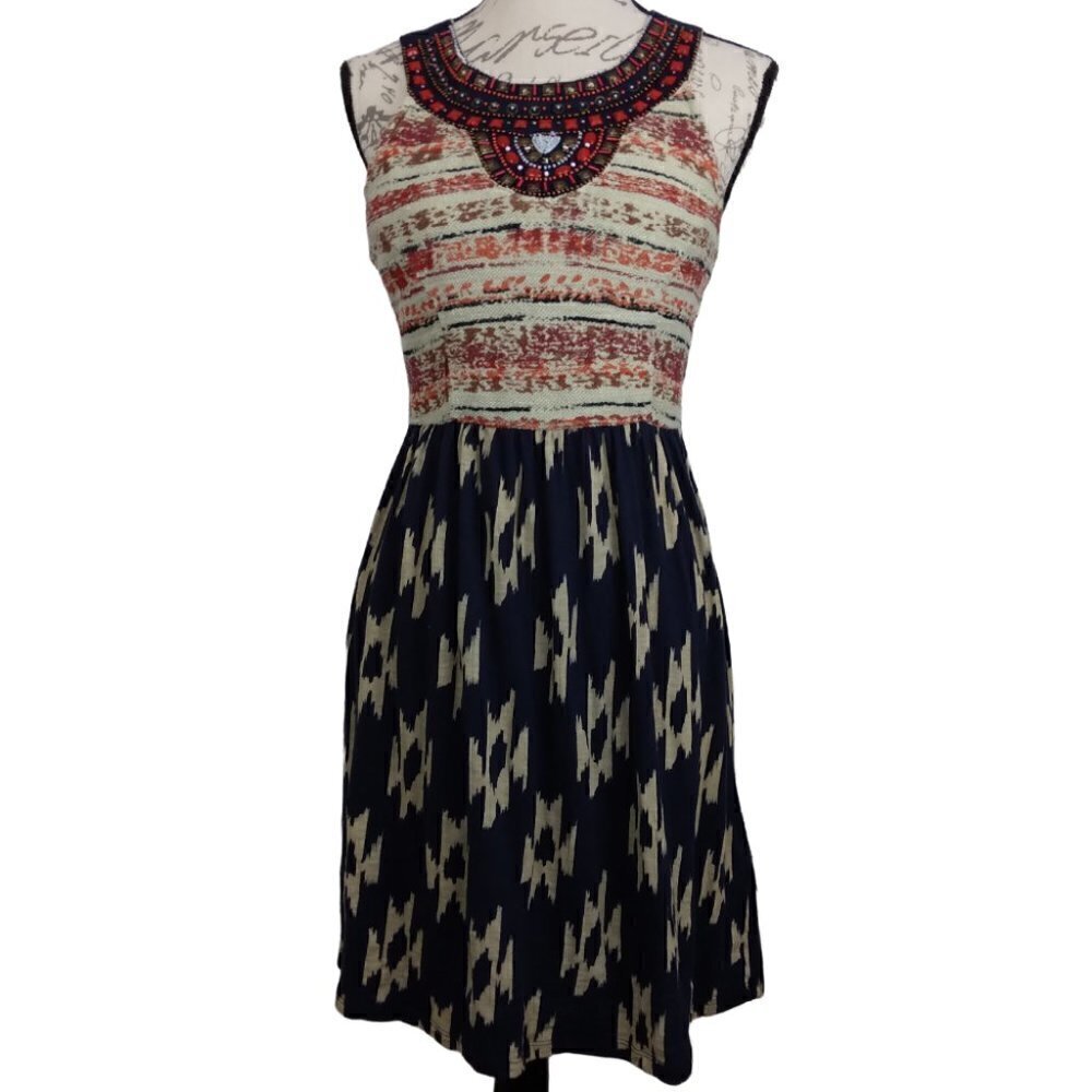 Lucky Brand | Embellished Beaded Southwest Tribal Mixed Print Dress | Size S